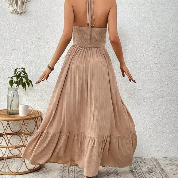 Khaki Boho Womens Striped Print Cut Out Ruffle Hem Halter Neck Dress - Picture 4 of 5